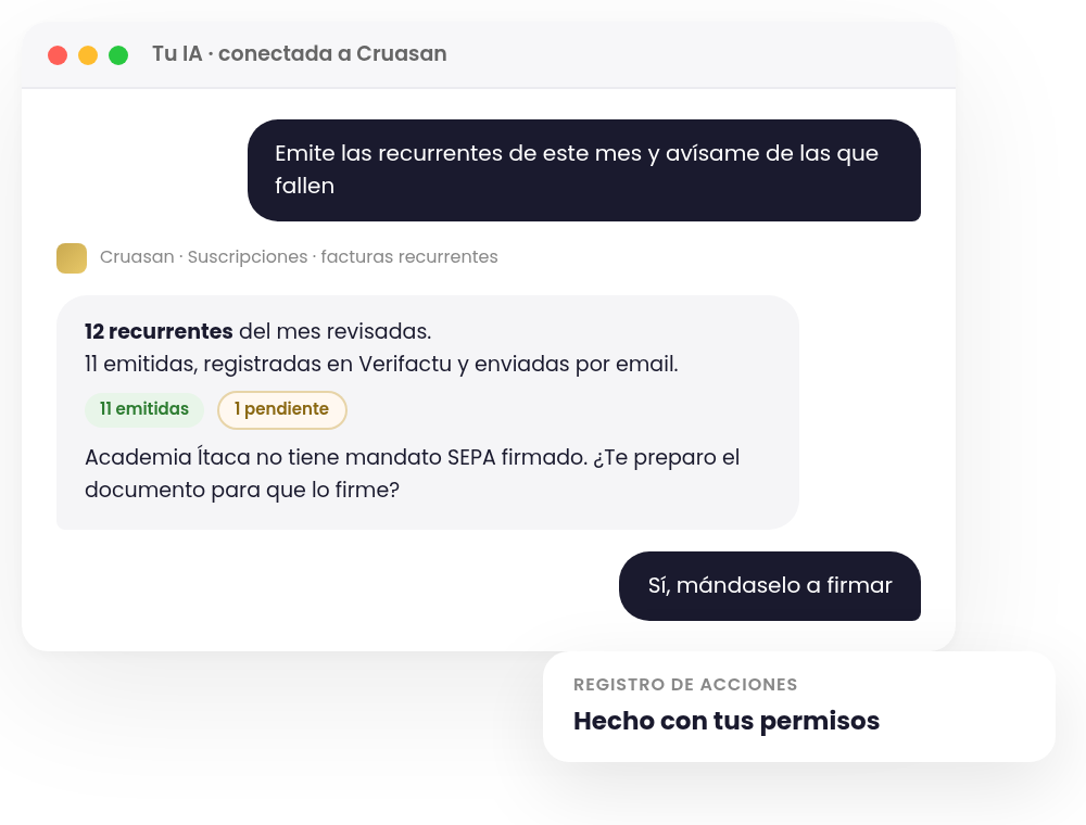 Alternativa a Odoo con IA: ChatGPT o Claude conectados a Cruasan emitiendo facturas recurrentes