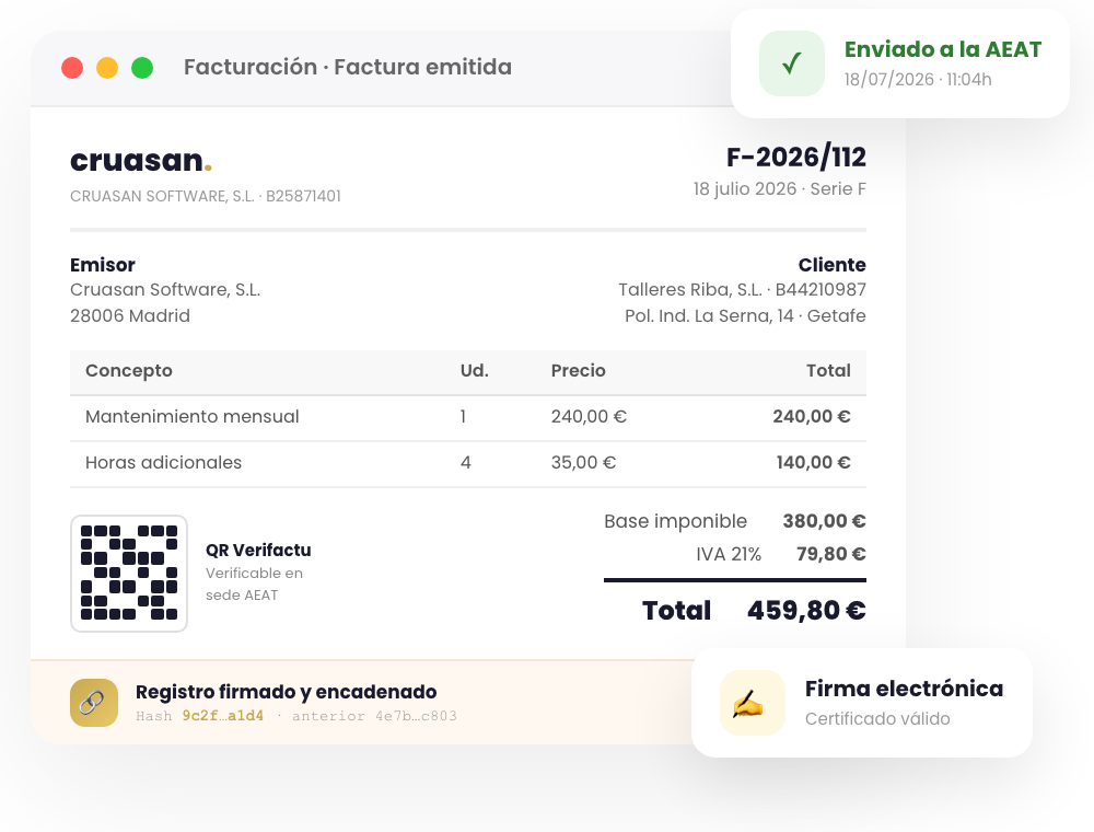 Factura con código QR Verifactu, hash encadenado y envío a la AEAT en un programa de facturación