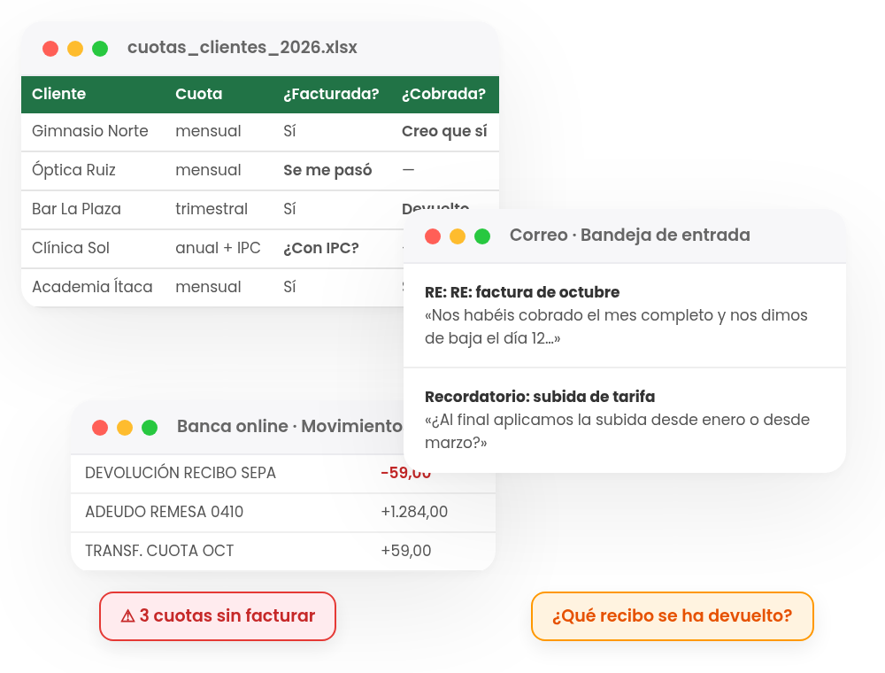 Facturas recurrentes a mano: Excel de cuotas, correos de clientes y recibos devueltos en el banco