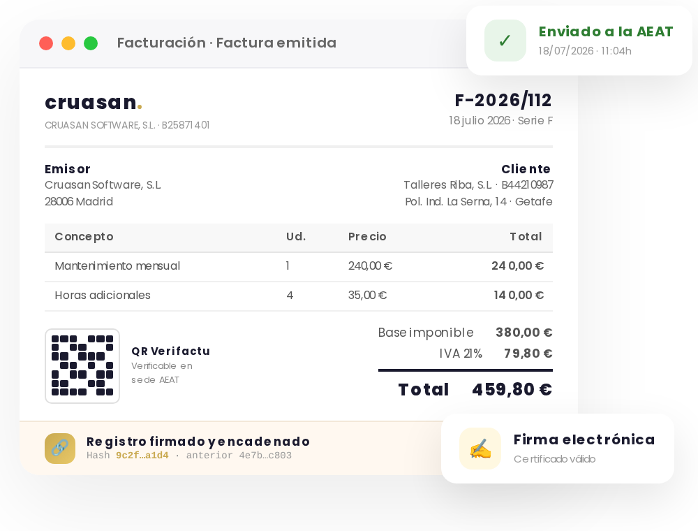 Factura emitida con código QR Verifactu, registro firmado y encadenado y envío a la AEAT