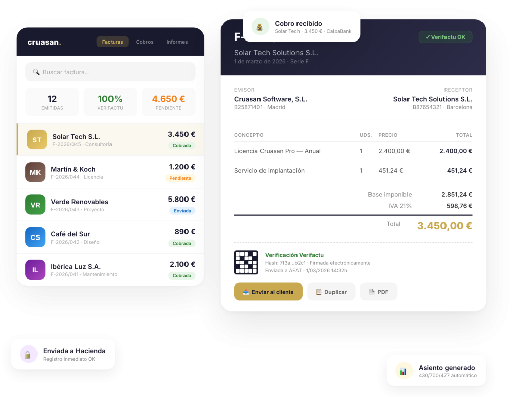 Programa de facturacion con Verifactu integrado — panel de facturas Cruasan