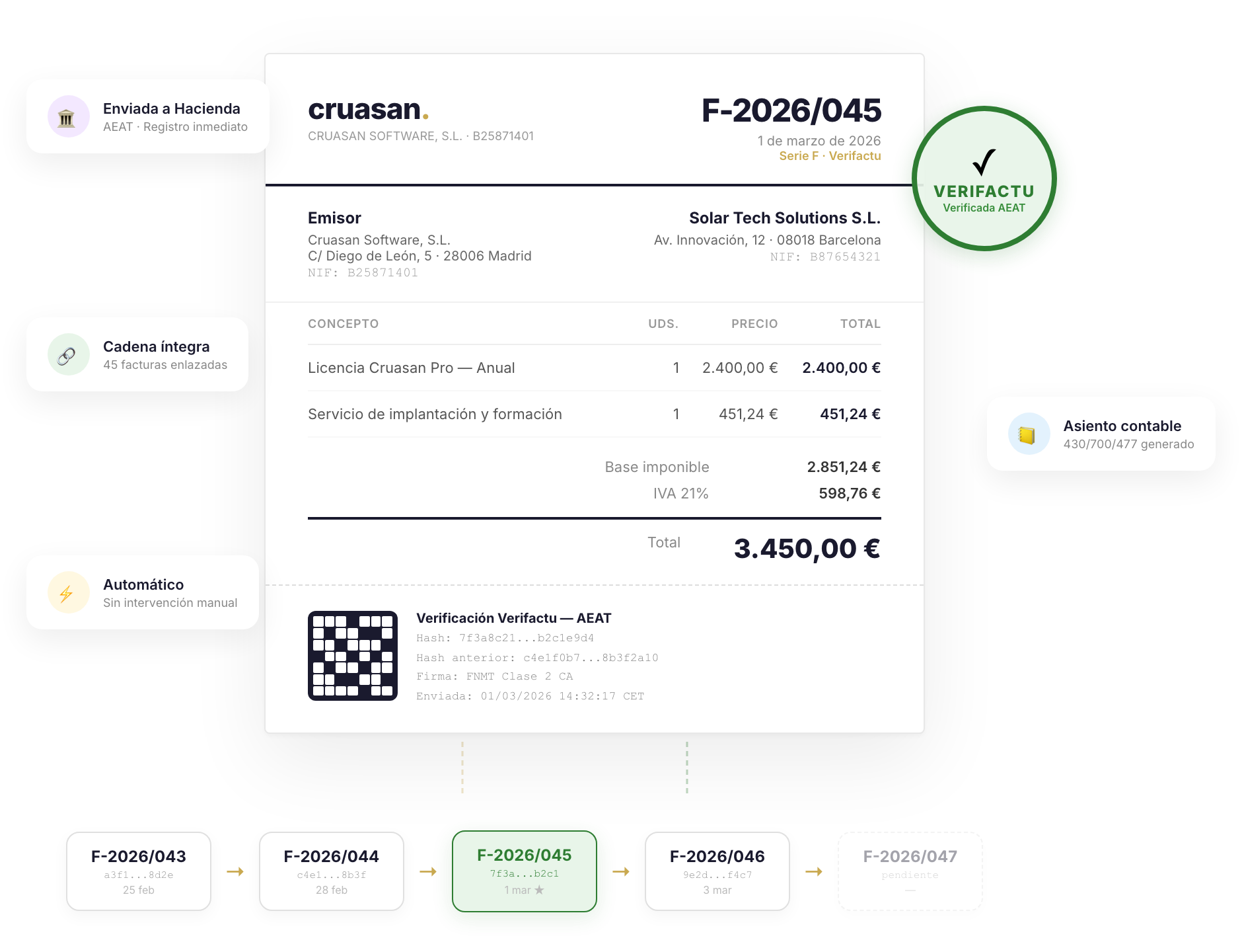 Factura con sello Verifactu y cadena de hashes