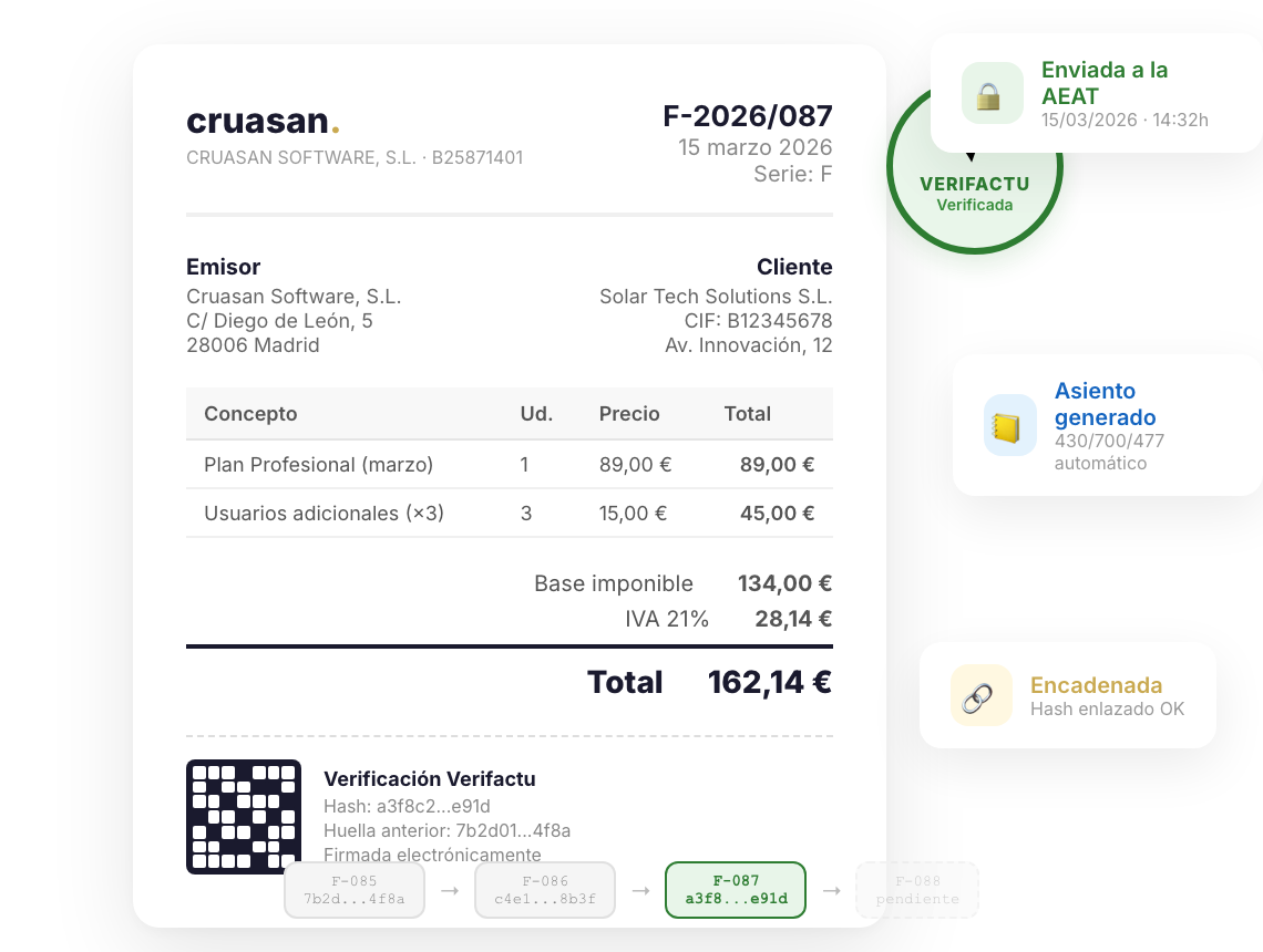 Factura electrónica Cruasan con código QR Verifactu y sello de verificación criptográfico