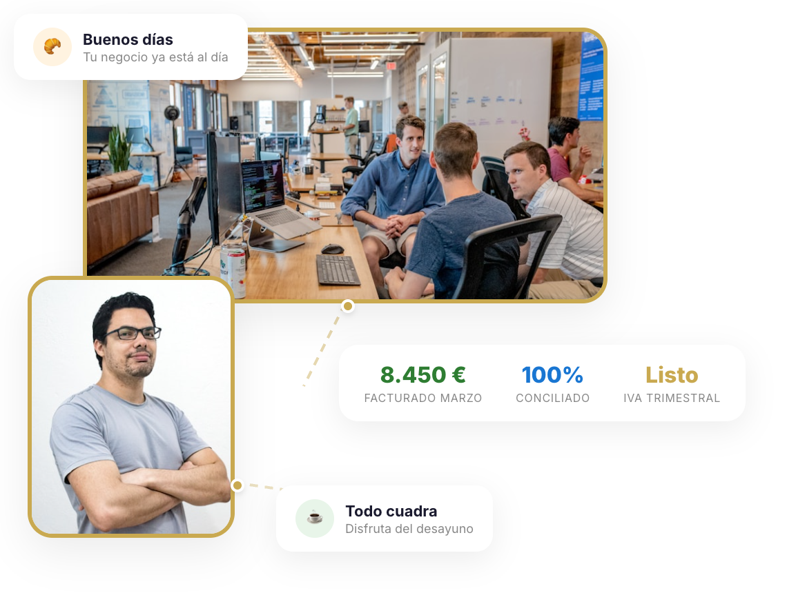 Autónomo desayunando tranquilo mientras Cruasan gestiona las cuentas