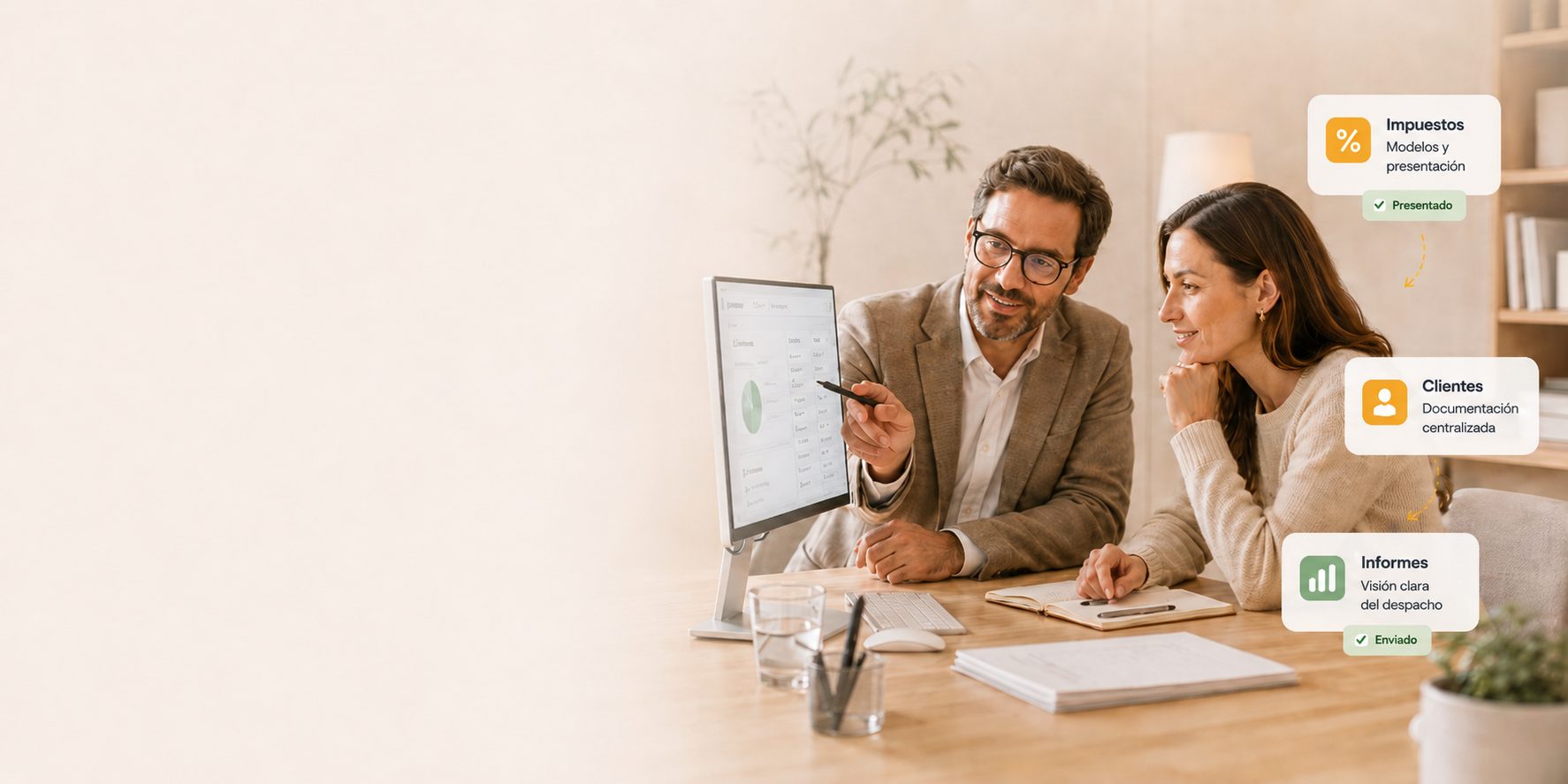 Asesores trabajando con Cruasan: clientes, impuestos e informes del despacho en un solo entorno