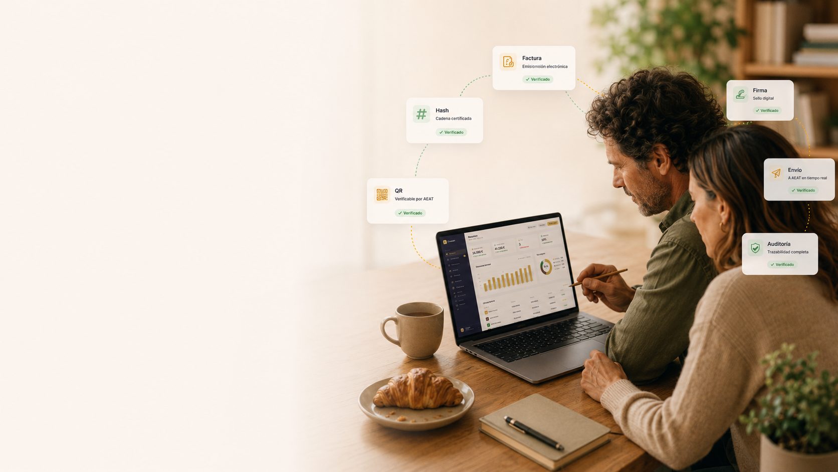 Pareja gestionando la facturación electrónica con Cruasan: factura, hash, QR, firma y envío Verifactu certificados con trazabilidad completa